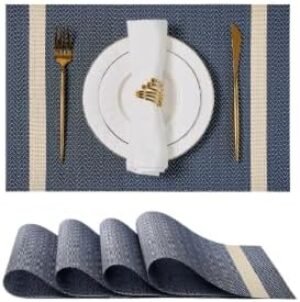 Leetaltree Dark Blue Vinyl Woven Placemats Set of 6 – Washable Dining Table Place Mats Striped, Suitable for Wedding, Anniversary, Daily Use