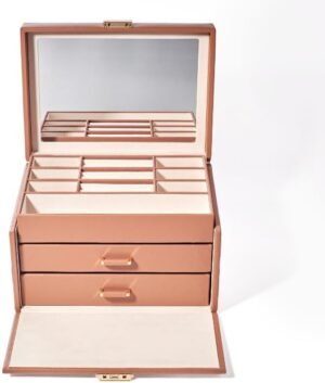 BILLSTONE Amour Large Mocha Mousse Jewelry Box, Jewelry Organizer and Storage with Multi Tray Compartments, Genuine Leather
