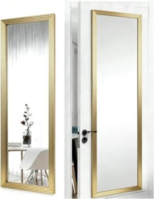 Over Door Full Length Mirror, 13.5×49.5 Inch Rectangular Hanging Mirror with Frame for Wall & Door, Includes Anti-Tip Hardware, Perfect for Bedroom, Closet, Entryway, Bathroom, Dorm (Gold)