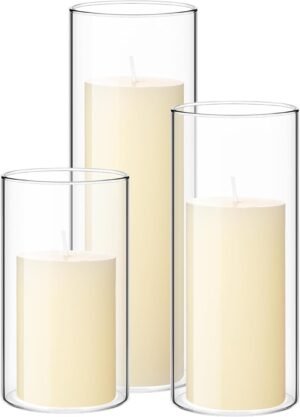 Shihanee Set of 3 Pillar Candles and 3 Glass Cylinder Candle Vases Holders Clear Pillar Jars for Wedding Centerpieces(2.6” X 4.7”, 5.9”, 7.9”,Ivory White)
