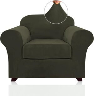 PrinceDeco Velvet Plush Couch Cover Stretch 2 Piece Chair Cover Chair Slipcover Washable Furniture Protector Couch Soft with Elastic Bottom Armchair Cover Width Up to 49 Inch(Small, Olive)