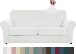 ZNSAYOTX Oversized Velvet 3 Piece Couch Cover with 2 Extra Large Seat Cushion Covers Stretch Sofa Cover for 2 Cushion Couch Thick Loveseat Sofa Slipcover for Living Room (White), 72″-92″(2 Cushions)