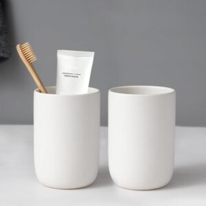 Toothbrush Holders for Bathrooms – 2 Cups Ceramic Toothbrush Toothpaste Holders Set, White Bathroom Tumbler Cups Reusable Toothbrush Mouthwash Cup, Bathroom Counter Organizer