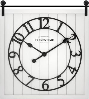 Presentime & Co Farmhouse Barn Door Clock, Shiplap Style, Cream White Color, Silent No Ticking, 3D Arabic Numeral, 23″ H x 21″ W. Home Decoration/Wall Decoration/Farmhouse Décor.