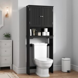 DUMOS Over the Toilet Storage Cabinet, Bathroom Storage Cabinet Over Toilet with Double Doors and Adjustable Shelf, Freestanding Toilet Rack for Bathroom, Black