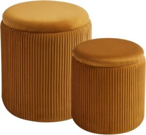 BLEXA Round Set of 2 Ottoman with Storage-Upholstered Velvet Vanity Stool for Makeup Multifunctional Ottomans Coffee Table Padded Seat Foot Rest for Living Room&Bedroom (Yellow)