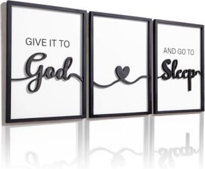 3D Wood Give it to God and Go to Sleep Signs 36×16”, Above Bed Wall Decors, Black And White 3D Bedroom Wall Art (12×16 inches, Set of 3, Framed)