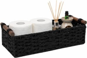 Black Woven Bathroom Basket with Wood Handles — Toilet Paper Storage Organizer for Back of Toilet, Paper Rope Wicker Basket, Boho Bathroom Decor Tray for Countertop or Tank Top