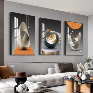 MPLONG Bright Style Framed Wall Art – Abstract Modern Shape Pattern in White, Blue, Yellow, Grey – Artfully Matching Living Room, Bedroom, Office Decor – 16″x 24″x 3 Panels