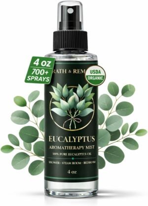 Eucalyptus Shower Spray Aromatherapy — 700+ Sprays, USDA Organic 100% Pure Eucalyptus Essential Oil Spray Mist for Spa Shower, Steam, Sauna & Linen Bedsheet – Premium & Travel Size (4 oz, Made in USA)