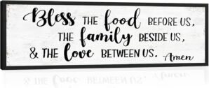 Bless the Food Before Us Wall Decor: Farmhouse Rustic Kitchen Signs Wall Decor Framed Hanging Wall Plaques 12″ x 40″,Inspirational Quotes The Family Beside Us Signs