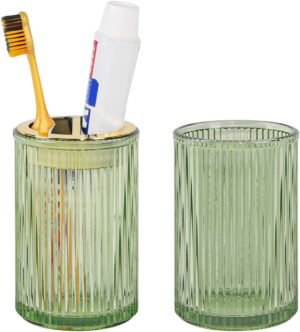 Toothbrush Holders for Bathrooms, 2pcs Glass Toothbrush Holder, 12oz Bathroom Tumbler and Mouthwash Cup, Tooth Brush and Toothpaste Organizer for Bathroom Vanity Countertop (Green Gold)