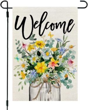 CROWNED BEAUTY Spring Floral Garden Flag Mason Jar 12×18 Inch Double Sided Small Burlap Seasonal Holiday Flag for Outside Yard Welcome CF1377-12