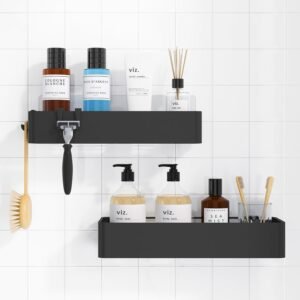 Kitsure Shower Caddy – 2 Pack Adhesive Shower Organizer, Rustproof Metal Shelves, No-Drill Bathroom Organizers and Storage, Black, Large