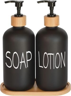 Black Soap Dispenser Bathroom Set, Set with Glass Dispenser, Bamboo Pumps & Tray. Hand and Lotion Suitable for Farmhouse Decor