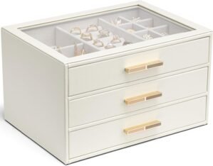 VLANDO Jewelry Box for Women, Glass Lid Jewelry Organizer with 3 Drawers for Necklaces Rings Earrings Bracelets Mother Day Gift for Mom – Cloud White