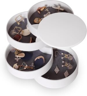 CONBOLA Jewelry Organizer, Small Jewelry Storage Box Earring Holder for Women, 5-Layer Rotating Travel Jewelry Tray Case with Lid for Bracelets Rings Bracelets, Gift for Women Teen Girls(White)