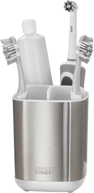 Joseph Joseph EasyStore Stainless-Steel Toothbrush Holder Bathroom Storage Countertop Organizer Caddy, Small
