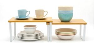 2 Pack Cabinet Organizer Shelf, Coffee Cup Organizer for Cabinet, Stackable and Expandable, Wood Kitchen Counter Shelves with Metal Legs, with Easy-Install Tool, for Mug and Cup Storage