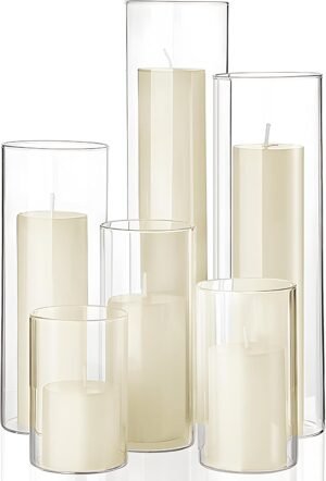 Shihanee Set of 6 Pillar Candles and Glass Cylinder Vases Assorted Sizes Cylinder Holders for Pillar Candles Home Table Centerpieces Wedding Party Decorations (Ivory)