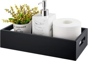 ALELION Black Bathroom Basket – Wooden Toilet Tank Paper Basket with Handle for Organizing – Back of Toilet Storage Organizer for Bathroom Tank Topper Counter – Black Bathroom Decor Box