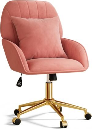 Home Office Desk Chair Comfy with Adjustable Swivel Wheels, Modern Velvet Makeup Vanity Chair with Back & Pillow, Ergonomic Office Chair Computer Task Chair for Living Room, Bedroom, Coral Red