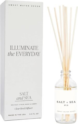 Sweet Water Decor Salt & Sea Reed Diffuser Set – Sea Salt Citrus & Musk Amber Scent Diffuser – Reed Diffusers for Home with Long Lasting Fragrance – Non-Toxic Oil Reed Diffuser – Made in the USA
