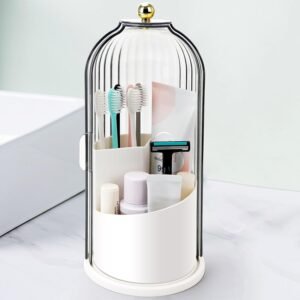QIYVLOS Toothbrush Holders with Sliding Lid, Rotating 3 Slots Bathroom Organizer Countertop, Tooth Brush Toothpaste Holder Bathroom Counter Stand Sink Organizer Caddy for Vanity Makeup Brushes Holder