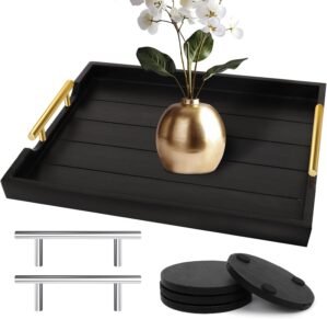 SXNOWS Coffee Table Trays – Large Ottoman Tray for Living Room -Wood Serving Tray with 2 Sets of Handles – Wooden Tray for Coffee Table, 4 Round Coasters Included, Black