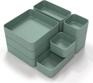 CHANCETSUI 11-Piece Stackable Drawer Organizer Set, Multi-size Desk Drawer Organizer Trays Vanity Storage Bins for Storing Makeup, Stationery, Utensils in Bathroom Dresser, Office and Kitchen