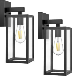MAXvolador Outdoor Wall Sconce, Exterior Waterproof Wall Lantern Light Fixtures, Black Porch Lights with Toughened Glass Shade, Anti-Rust E26 Socket Front Door Mount Lighting, 2 Pack