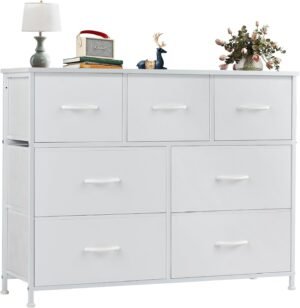 OLIXIS 7 Drawer Dresser for Bedroom, Wide Fabric Storage Tower with Wooden Top and Metal Frame, Closet Chest Organizer Furniture, TV Stand for Living Room Hallway, White