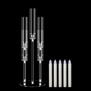 1 Set 5 Arm Acrylic Candle Holder with Candles, Mjkeomo 27” Tall Table Candelabra, Complete Centerpiece Set for Fireplace Mantel, Wedding, Housewarming Gift
