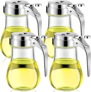 4 Pack Syrup Dispensers Glass Honey Jar Bottle Maple Sugar Dispenser 6 oz Retracting Spout Syrup Containers Pitcher For Milk Coffee Home Restaurant Kitchen Bar Oil Condiment (Simple Style)