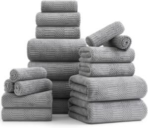 18 Pcs Gray Woven Family Towels Set-6 Bath Sheets,6 Hand Towels,6 Washcloths Soft Microfiber Towels Absorbent Shower Towel Quick Dry Beach Chair Towel Lint Less Towels Set for Bathroom Spa Gym Hotel