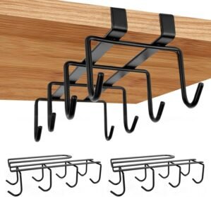 Mug Holder Under Cabinet,2pcs Coffee Mug Organizer for Kitchen,Fit for 0.8 Inch Thickness Shelf or Less,Nail Free Adhesive Coffee Cups Holder Hanger for Cups/Kitchen Utensils/Keys Storage (Black)