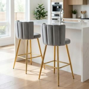 Velvet 30″ Bar Height Barstools Set of 2 Modern Kitchen Stools Upholstered Counterr Stool Chairs with Gold Metal Legs for Kitchen Island/Breakfast Bar/Restaurant, Grey