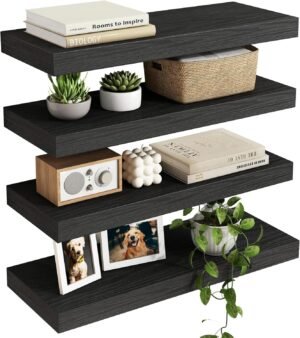 Fixwal Black Floating Shelves for Wall, Rustic Wood Shelves for Bathroom, Living Room, Bedroom and Kitchen, Wall Shelves for Storage, Books, Room Decor (Set of 4, 15.8 Inch)