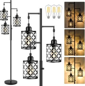 Dimmable Floor Lamp, Farmhouse Standing Lamp with Elegant Metal Cage, Industrial Tall Tree Floor Lamps for Living Room, Bedroom, Study Room, Office, 2400LM LED Bulbs Included – 68″, Black