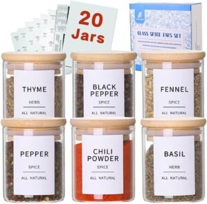 Glass Spice Jars with Bamboo Lids – 20 Pcs Thicken(2.4mm) 4oz Airtight Seasoning Containers with 131 Waterproof Minimalist Spice labels Preprinted – Small herb Jars for Pantry Organization and Storage