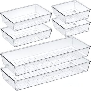 Criusia 6 Pcs Large Size Clear Drawer Organizer Set, Acrylic Non Slip Non Cracking Kitchen Drawer Storage Tray Divider, Multifunctional Storage for Cosmetics, Bathroom, Tools, Kitchen and Office