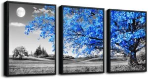 Black Framed Wall Art for Living Room & Bedroom – Blue Tree Wall Paintings, Modern Home Decor – 12″X16″ Set of 3 Piece Framed Art Prints