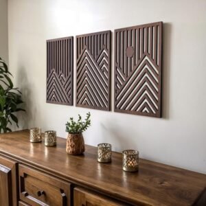 qmmp Modern Wooden Wall Sculptures – Set of 3 – Home Decor Accent – Large Wall Art for Living Room, Bedroom, Office – Easy Installation (Walnut, Medium – Mountain and Sun)