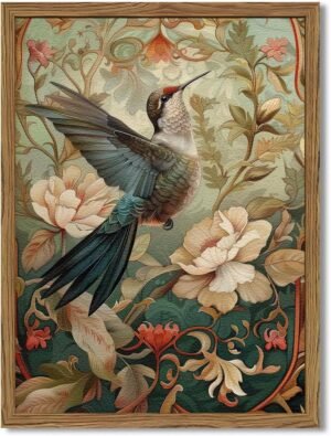 Framed Vintage Hummingbird Wall Art, Floral Bird Wall Decor Paintings, 3D Sandstone Textured Nature Botanical Pictures Prints Aesthetic Home Decor for Living Room Bedroom Bathroom Office 12×16 inch