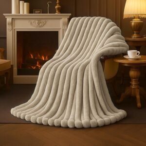 Amélie Home Faux Fur Throw Blanket for Couch, Cozy Fuzzy Fluffy Fur Luxurious Soft Striped Plush Gift Blankets for Family Sofa Chair Bedroom, 55″x70″, Beige