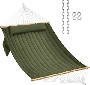 CHULIM Double Quilted Fabric Hammock with Hardwood Spreader Bars and Pillow 450 LBS Capacity 2 Person Large Hammock for Outdoor Patio Backyard Poolside – Green
