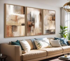Large Framed Canvas Wall Art – Natural Float Framed Brown Abstract Picturtes for Living Room Decor Brown Abstract Painting Artwork Prints for Bedroom Kitchen Home Office Decor 48″ X 24″ Set of 3