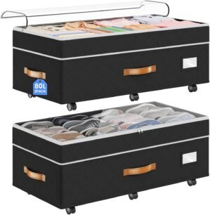Budding Joy Under Bed Storage with Wheels 2Pack, 80L Height Adjustable Underbed Containers with Clear Lids, Rolling Under Bed Shoe Storage Organizer for Dorm Home Clothes, Blankets, Toys, Black