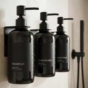 Stylish Shampoo and Conditioner Dispenser Set of 3 for Wall Mount – Modern Drill Free 21oz Shower Soap Bottles with Labels – Easy Refill Body Wash Dispensers for an Instant Bathroom Decor Upgrade