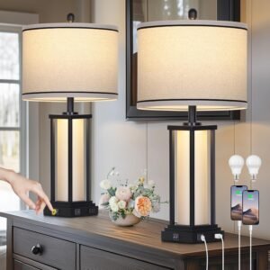 27″ Tall Vintage Table Lamp Set of 2 with USB C+A & Outlet,Black Industrial End Table Lamp for Living Room,Farmhouse Rustic Bedside Lamps with Frosted Glass Night Light for Bedroom Nightstand,Black